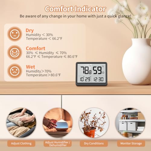 Digital Hygrometer, Humidity Meter, Temperature Monitor for Room | Calibration, Clock, 3.62 LCD, 3-Way Mount, 10s Refresh, Baby Room, Greenhouse, Guitar, CR2450 Battery, Comfort - color: Black
