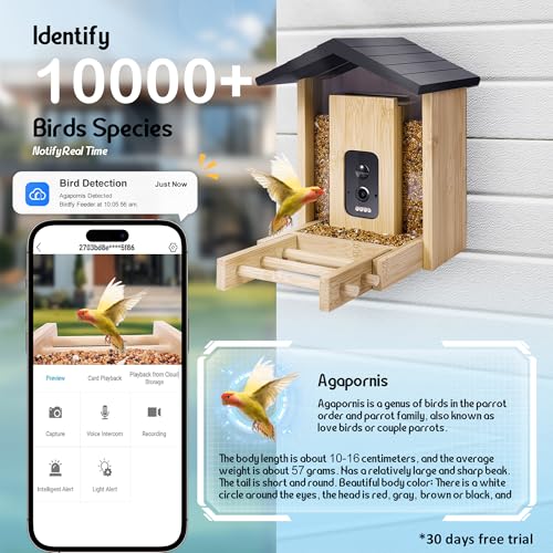 Smart Bird Feeder with Camera, 2.5K HD Camera Bird Feeder, AI Identify, Solar & Battery Powered, Auto Capture & Notify in Time, Bamboo Wooden, Ideal Gift for Family(1.55L)