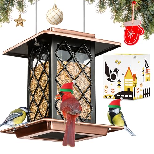 iBorn Bird Feeders for Outdoors, Metal Bird Feeder, Wild Bird Feeders for Cardinal, 2.3LBS Capacity,17.7cm Large Roof, Lantern Style, Brush Copper - color: Copper