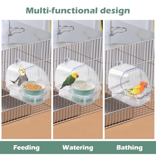 Bird Cage Feeder with Ceramic Bowl,2 in 1 No Mess Bird Feeder and Transparent Parakeet Bathtub with Bottom Drawer Hanging Tube Shower Box for Birds Budgies Parakeet Small Parrot Cockatiels - color: 【Transparent】