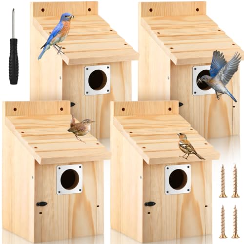 Dreyoo 4 Pack Bluebird Houses for Outside with Metal Predator Guard, 1-1/2" Entrance Hole Wooden Blue Bird Houses for Outdoors, Bluebird Nesting Box(Wood) - color: Wood