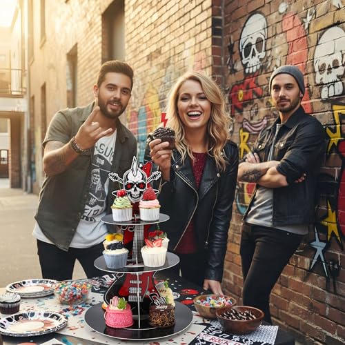 3 Tier Rock and Roll Music Party Decoration Cupcake Stand Music Guitar Cupcake Tower Rock and Roll Cake Holder Retro 1950's Dessert Tower for 50s Retro Hip Hop Birthday Party Supplies - style: Rock