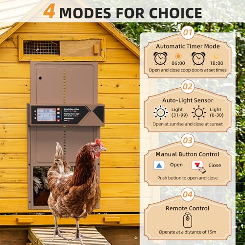 Automatic Chicken Coop Door, 4 Modes LCD Display Chicken Coop Door Solar Powered with Timer & Light Sensor, Aluminum Alloy Automatic Chicken Door with Anti-Pinch, IPX4 Waterproof - color: Brown