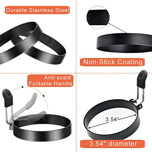 COTEY 3.5" Egg Rings Set of 2 with Silicone Handle, Large Ring for Frying Eggs, Round Mold for English Muffins - Griddle Cooking Shaper for Breakfast | Stainless Steel Fried Egg Cooker Ring Molds for English Muffin. Heat-resistant Silicone Handles Ideal f
