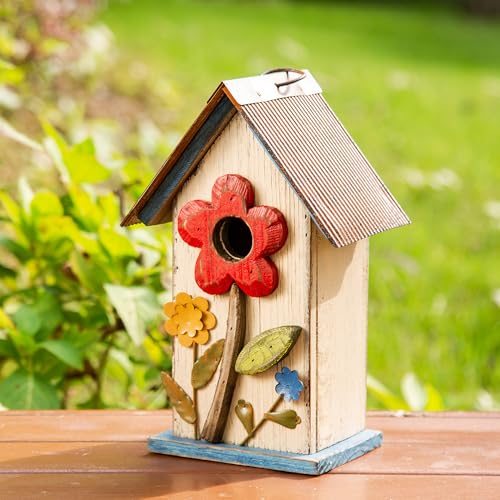 Glitzhome Hanging Bird House for Outdoor,10.2" H Patio Garden Decorative Birdhouse Pet Cottage Wooden Distressed Birdhouse with 3D Flowers for Bluebird,Hummingbird,Sparrow,Wren Finch, Washed White - color: 10.2"H Flower Washed White