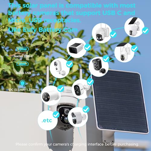 5V 8W Solar Panel for Security Camera, for Bird Feeder, 4G AOV Trail Cam, Ring Tapo Eufy Vicohome Eseecloud, Native USB-C, Micro-USB & DC 3.5mm*1.35mm, 23% Conversion, 9.8 Ft, 260 Days Care Plan - color: 1 Pack AOV USB-C & Micro_USB & DC 3.5mm*1.35mm