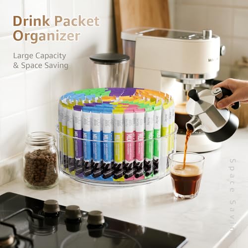 Divided Drink Packet Organizer, Largr Rotating Clear Lazy Susan Turntable | for Powdered Drink Mix, Water Drink Packet Holder, Water Flavor Packet, Coffee, Tea – Space-Saving Countertop Organizer - size: 1 Pack - Large 3 Section