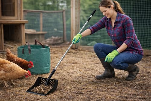 2-in-1 Chicken Poop Scooper for Coop Cleaning – Chicken Coop Scoop & Rake for Sand, Includes Gloves and Waste Bag – Ideal for Chicken Coops & Small Farm Animals (Black) - color: Black