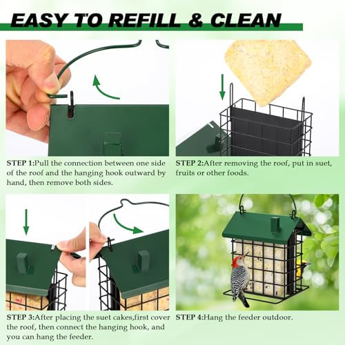 Gbekery All-Metal Double Suet Bird Feeder for Outdoors Hanging, Suet Cake Cage Holder with Weather-Resistant Roof & Perch for Outside Garden, Green - color: Green