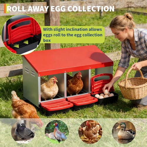 Chicken Nesting Boxes, Metal Chicken Egg Laying Box, Hen Nesting Box with Swing Perch and Rollout Egg Collection for Chicken Coop, Red, 3 Compartments - color: Red with 3 - Slot