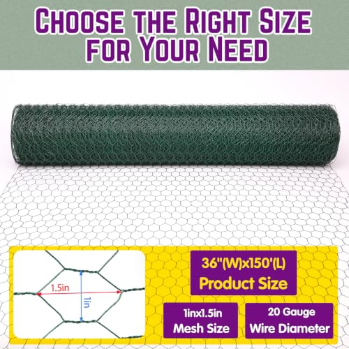 36in×150ft Chicken Wire Roll Hexagonal Netting Galvanized PVC Coated 1in Mesh Garden Poultry Fencing Barrier Animal Plants Hardware Cloth Crafts for/Rabbit/Floral/Chicken Coop/DIY Projects - size: 1in 36in×150ft