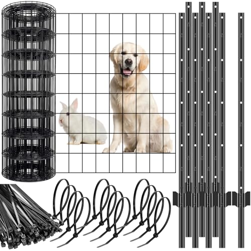 109 Pcs Black PVC Coated Wire Fence 2 x 50 ft, 2 x 3 Inch 16ga, Garden Fencing Roll and 3 ft Metal Fence Garden Fences T Posts and 8 in Zip Ties Cable Ties for Lawn Poultry Plant
