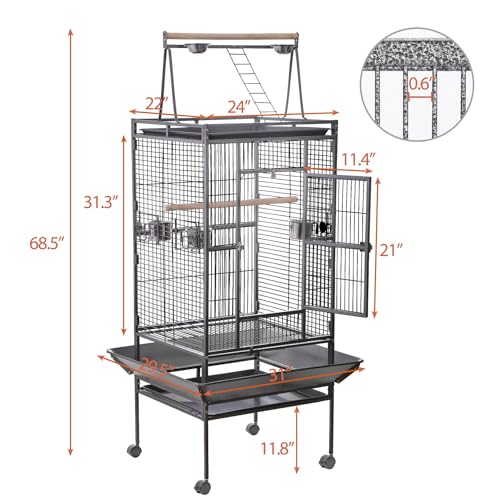 HSM 68 Inch Wrought Iron Large Bird Flight Cage with Rolling Stand | Bird Flight Cage Casters, Slide-out Tray for African Grey Parrot Parakeets Canaries Parrot Cockatiels Lovebirds Conures