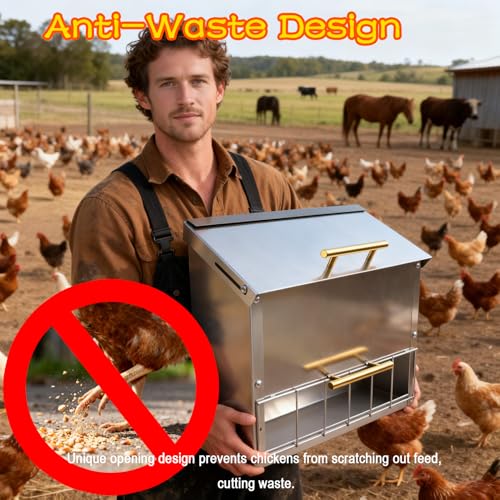 Stainless Steel Poultry Feeder 20Lbs - Manual Feed Quantity Control & Wall Mount Gravity Feeder with Push Pull Lid - Food Dispenser for Chickens Ducks Geese