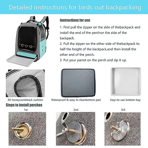 Bird Backpack Carrier,Bird Travel cage Backpack with Tray and Standing Perch,Feeding Tank,Waterproof pad,Used for Parakeets,hornbirds,Lovebirds,Small and Medium-Sized Bird - color: Skyblue