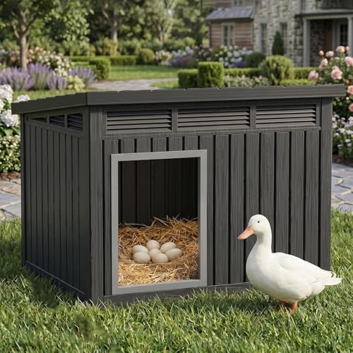 Vixzen Outdoor Duck House, PP Resin Material with Spacious Interior Poultry Shelter, Gas Strut Opening Top & Shutter Vents Chicken Coop for Easy Cleaning and Storage Use in Outdoor(Black) - color: Black, size: 32.2"L x 25.1"W x 24.1"H