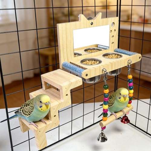 Bird Perch Platform with Mirror Ladder Swing Bowl,Parrot Play Gym Cage Toys | Bird Wood Playing Exercise Stands Perches,Parakeet Climbing Ladder Playground Cage Accessories for Cockatiel Budgie Lovebird - size: Bird Perch Platform with Mirror Ladder Swing