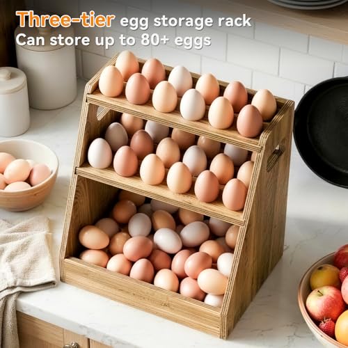 3-Tier Wood Egg Holder, Egg Holder Countertop with Basket, Wooden Egg Basket with Handle Holds 70-80 Fresh Eggs for Kitchen, Farm Gathering