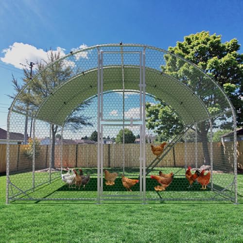 Large Metal Chicken Coop Runs for Yard with Cover, 10x20x6.5 | Perch Bars, Split Doors, Waterproof Covers, Mesh Wire - color: Round Top, size: 236.2"L x 118.1"W x 78.7"H