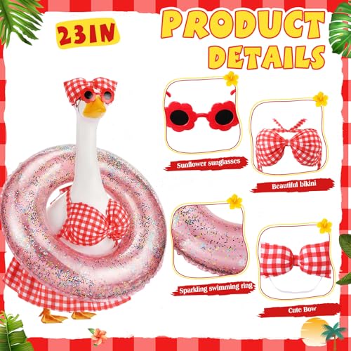Bikini Porch Goose Outfits with Sunglasses and Swimming Tube for 23" Summer Goose Costume Garden Patio Statue Decor(Red Plaid) - style: Red Plaid