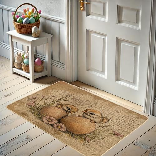 Cute Chickens Welcome Mat, Yellow Hatching Chick Doormat for Spring & Easter Home Decor, Non-Slip Absorbent Indoor & Outdoor Entrance Mat, Easy Maintenance 29x17 Inch
