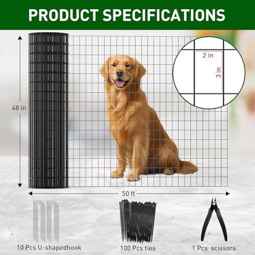 Black PVC Coated Welded Wire Fence 48 in x 50 Ft for Yard Plant Protection | 2 x 3 Inch 16GA Garden Border Fencing Roll Metal Wire Mesh Animal Barrier Fence for Dog Poultry Netting - size: 48in x 50ft