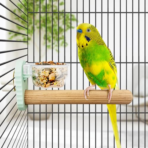 Kathson 3Pcs Bird Perch Feeding Cup Natural Wood Perches with Removable Bird Feeder for Cage Parrot Stand for Parakeets, Budgies, Cockatiels,Parrots, Birds Chewing Stick (Green) - color: Green