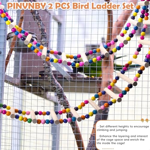 PINVNBY 2 PCS Extra Large Bird Ladder Toys, Wooden Parakeet Swing Toys with Colored Beads, Bird Cage Accessories for Parrot Macaws African Greys Conure Cockatiel (25.6''-10 Steps and 39.3''-18 Steps) - color: Colorful