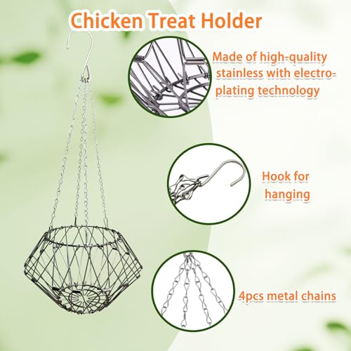 Hanging Chicken Feeder,9.25IN Large Foldable Chicken Vegetable Treat Holder Ball with 4Pcs Hanging Stainless Chain,Sturdy Poultry Cabbage Feeder Basket for Chicken Coop(Large) - size: Large