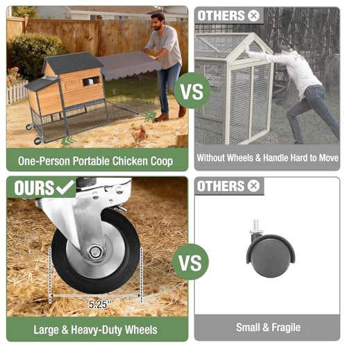 GUTINNEEN Extra Large Mobile Chicken Coop with Wheels, Large Outdoor Hen House with Run for 4-6 Chickens, Wooden Poultry Cage with Nesting Box, Metal Sliding Tray, Waterproof Cover - color: Brown and Black