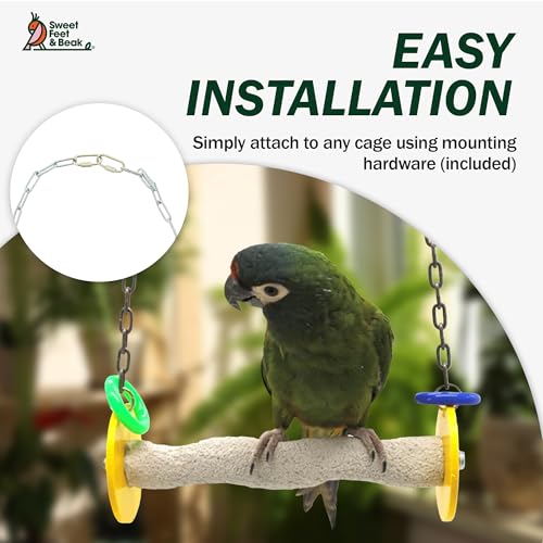 Sweet Feet and Beak Roll Bird Swing, Medium, Cage Pedicure Perch, Blue | Ceiling Mount, 9" Perch, 1-1/2" Diameter, Hangs 18", Beak Resistant Plastic Ends and Rings, Trims Nails Naturally - color: Blue, size: 9" Medium
