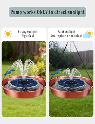 Hanging Bird Bath with Solar Fountain & Water Pump, 11.5” Antique Copper Finish Metal Birdbath Bowl, Rock Design & Solar Panel – Outdoor Garden Decor Yard Art