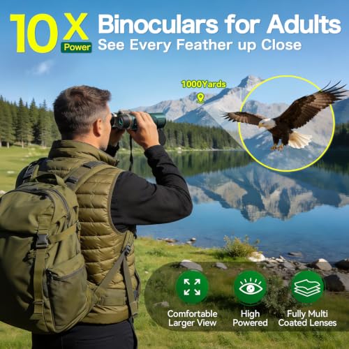 10x42 HD Binoculars for Adults, High Powered Binoculars with BAK4 Prism, Low Light Vision, Easy Focus, Waterproof Binoculars with Large Eyepiece for Bird Watching, Alaska Cruise, Hiking, Hunting - color: Green
