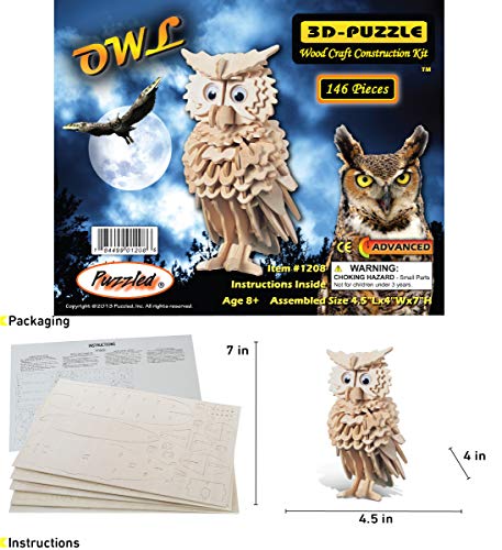 Puzzled 3D Puzzle Owl Wood Craft Construction Model Kit, Fun Unique & Educational DIY Wooden Toy Assemble Model Unfinished Crafting Hobby Puzzle to Build & Paint for Decoration 146 Pieces Pack