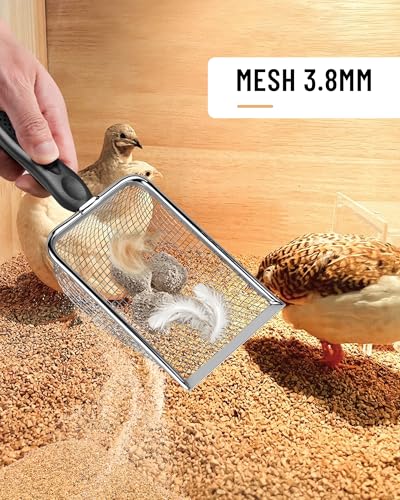 Chicken Poop Scooper for Coop,2 Pack Chicken Coop Poop Scoop Shovel with 3.8mm & 5mm Mesh, Metal Chicken Coop Rake and Scoop Tool,Scooper Shovel for Sifting Sand, Litter, Chicken Supplies
