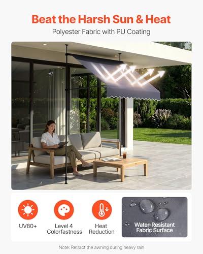 VEVOR Manual Retractable Awning, 59" x 59" Outdoor Patio Awnings Sunshade Shelter with 43"-59" Retractable Side Bar, No Drill Height Adjustable, Crank Handle for Backyard, Balcony, Dark Gray - size: 59x59 in