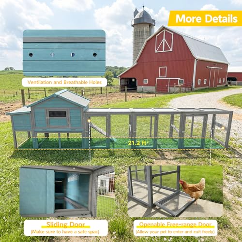 YOPTO Large Wooden Chicken Coop with Run Blue Gray 141.1 in | 21.2 ft² run, Fits 3–4 chickens, Nesting box, Sliding tray, Waterproof UV roof, Solid wood frame - size: 141 in
