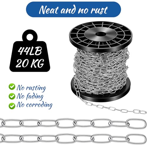 50ft Galvanized Steel Hanging Jack Chain 1/16" Silver Metal Link Chain Roll Spool for Light Fixture, Overhead Lights, Artworks, Bird Feeders, Dog Leashes, Signs, DIY Projects(1.5mm with Spool)