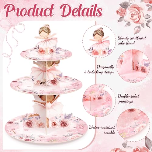 3 Tier Ballerina Party Decoration Ballerina Cupcake Stand Decoration Dancing Girl Floral Cupcake Tower Pink Dance Theme Cake Holder Table Display for Ballet Tutu Dancer Pink Party Supplies - style: Ballet