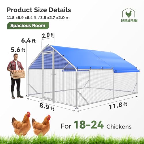 Sino Luban Large Metal Chicken Coop Run with Hardware Cloth Heavy Duty for 20 Chickens/Ducks, Chicken Runs for Yard with Waterproof Cover, Chicken Enclosure Pen Outdoor, Walk-in Poultry Cage - size: 142.0"L x 106.0"W x 77.0"H