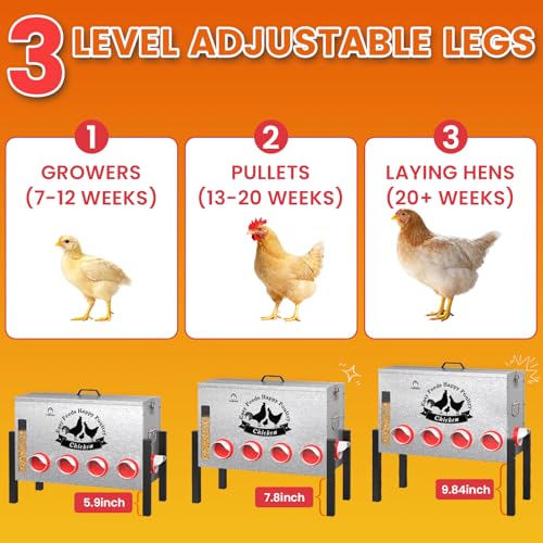 16-Gal Metal Automatic Chicken Feeder with 10 Feeding Ports | 88LB Capacity, Anti-Waste Design, Rust-Proof Alloy Steel, Clear Viewing Window, 3-Level Legs for Outdoor Chicken Coops - size: 16GAL-88LB
