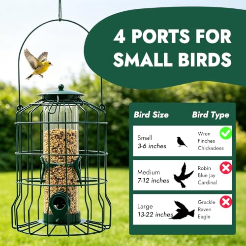 Squirrel Proof Bird Feeder, Metal Caged Outdoor Hanging Seed Feeder with Rainproof Cover & 4 Feeding Ports, Chew Proof Weather Resistant Easy Clean Garden Yard Feeder for Small Wild Birds