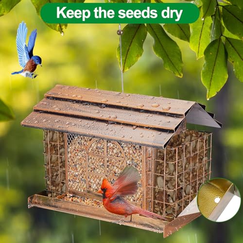 Bird Feeder for Outdoors, Metal Bird Feeder Hanging, 3.8LB Large Capacity with Double Suet Cages, Rainproof Roof, Attracts Cardinals, Finches, Blue Jays, for Backyard & Garden