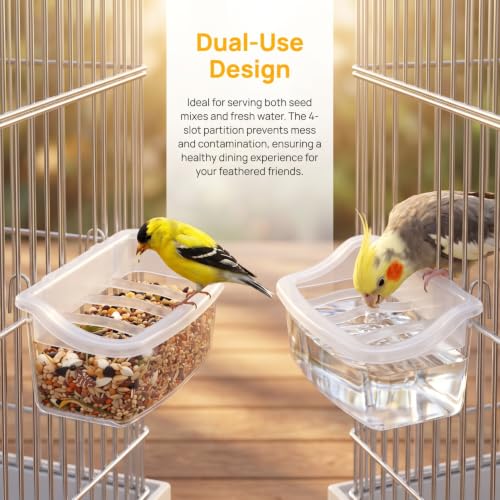 Veemoon 2pcs Splash Hanging Plastic Bird Cage Feeder, No Mess Bird Cage Feeding Bowl 4 Slot Small Parrot Food Cup Parakeet Water Dispenser Resuable Container for Pet Cockatiels, Finches, 4.5 × 2.3"