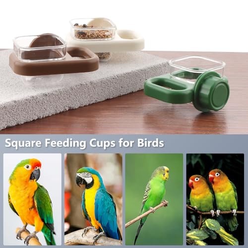 3 Pack Bird Cage Feeder Portable Bird Plastic Feeding Dish Cup Detachable Bowl with Perch for Parakeet Budgies Cockatiel Lovebird Small Birds (Square Cup)
