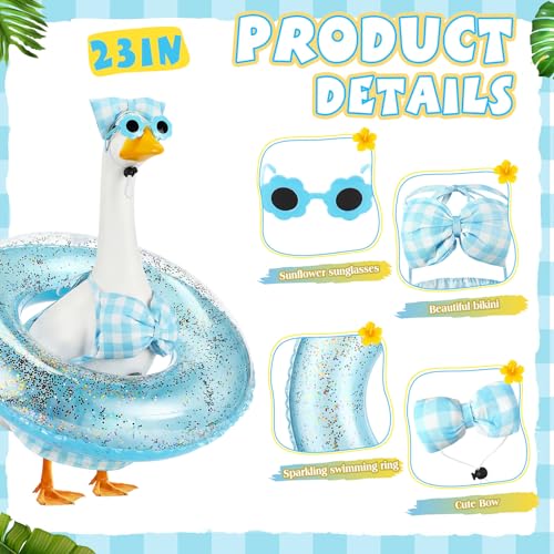Bikini Porch Goose Outfits with Sunglasses and Swimming Tube for 23" Summer Goose Costume Garden Patio Statue Decor(Blue Plaid) - style: Blue Plaid