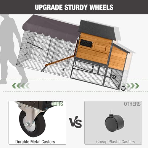 Mobile Chicken Coop with Wheels for 6–8 Chickens, Large Outdoor Chicken Coop with Run, Weatherproof Asphalt Roof, Dividable Nesting Boxes and Pull Out Trays，85.6" L x 40.6" W x48.2 H