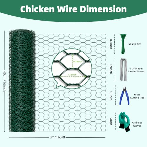 16in x 16.4ft PVC Coated Chicken Wire Mesh Fence | Garden Fencing Cages & Plant Protectors from Animals Kit with 50 Zip Ties, 15 U-Stakes, Gloves & Pliers for Outdoor Plants - size: 16.4Ft x 16In