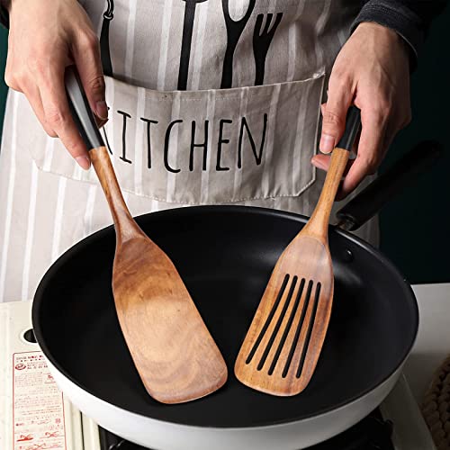 Wooden Spatula Set for Cooking Spoon Non Toxic Teak Kitchen Utensils Turner | Flat Wood Wok Spatula Bamboo Spoon for Cooking Utensil Set Spurtle Scraper Slotted Pancake Turner Fish Egg Flipper Spatulas - color: 2Pcs-Black