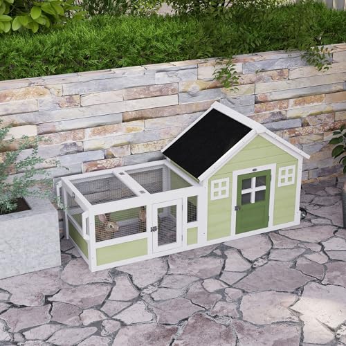 PawHut Rabbit Hutch with Asphalt Roof, Handle, Wheels, 64 Inch Multicolor | Outdoor Rabbit Cage or Guinea Pig Cage, Wooden Bunny Cage, for Rabbits, Chickens, Ducks, Small Animals, Quail Hutch